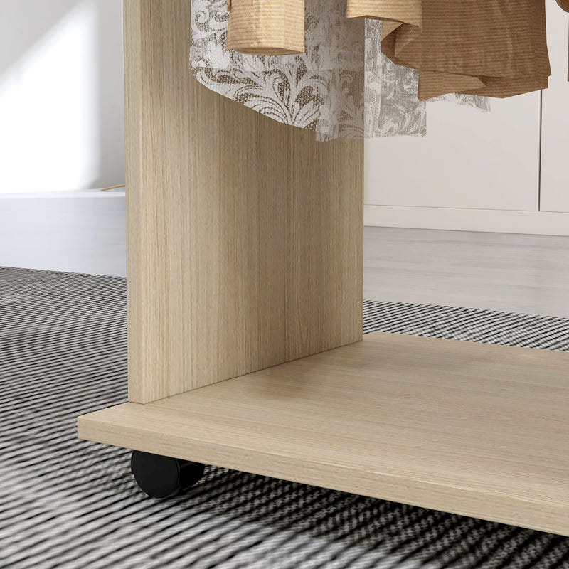 Open Wardrobe with Rails and Shelves for Easy Bedroom Storage on Wheels Natural Wood Finish