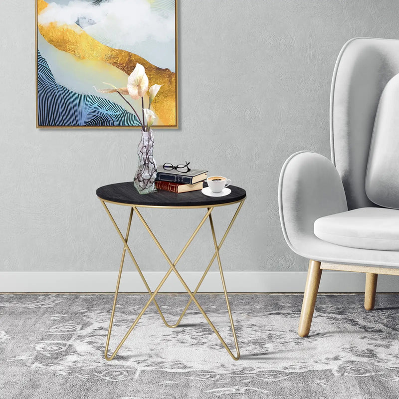 Round Coffee Table with Metal Crossed Legs, Modern Living Room Furniture - Black/Gold Tone (Φ43cm) by Homcom Homcom