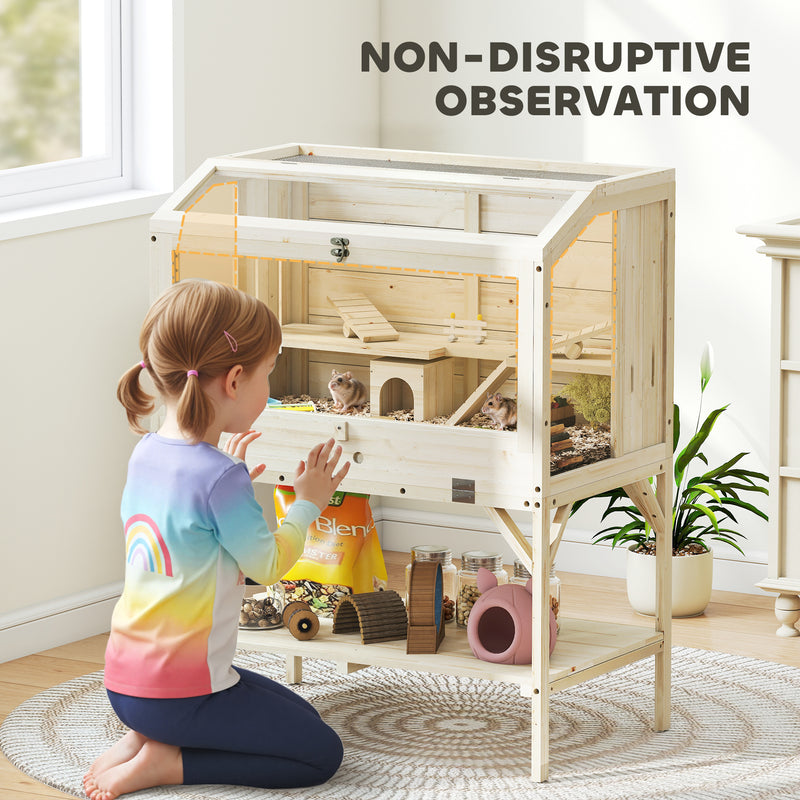 2 Tier Wooden Hamster Cage With Shelves and Easy Access Top for Small Pets Natural AOSOM