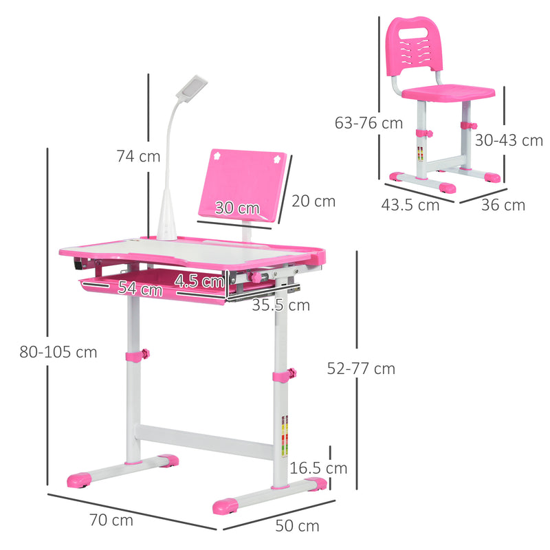 Adjustable Kids Study Desk and Chair Set with Storage and Drawer for Homework, Pink