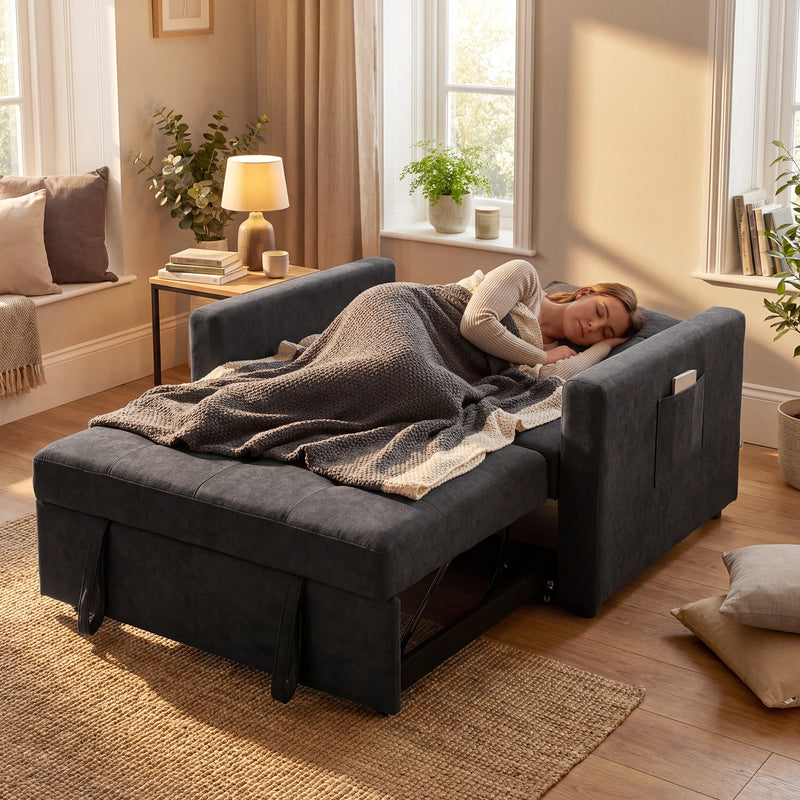 2 Seater Sofa Bed for Small Spaces with Adjustable Backrest and Storage Pockets Black AOSOM