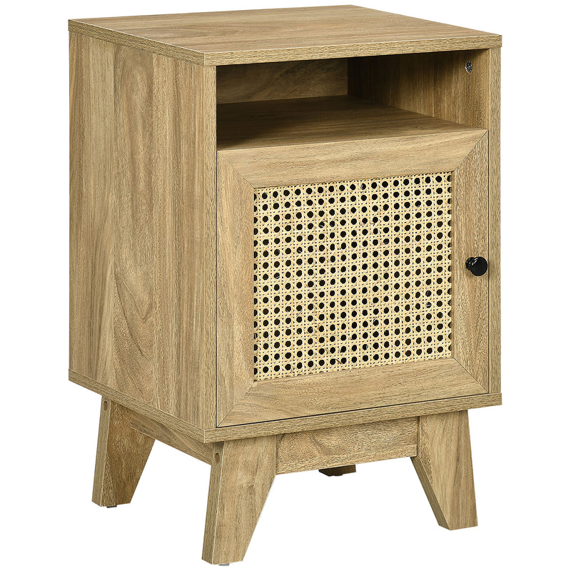 Slim Rattan Nightstand Side Table With Storage Shelf And Cupboard For Bedroom Natural
