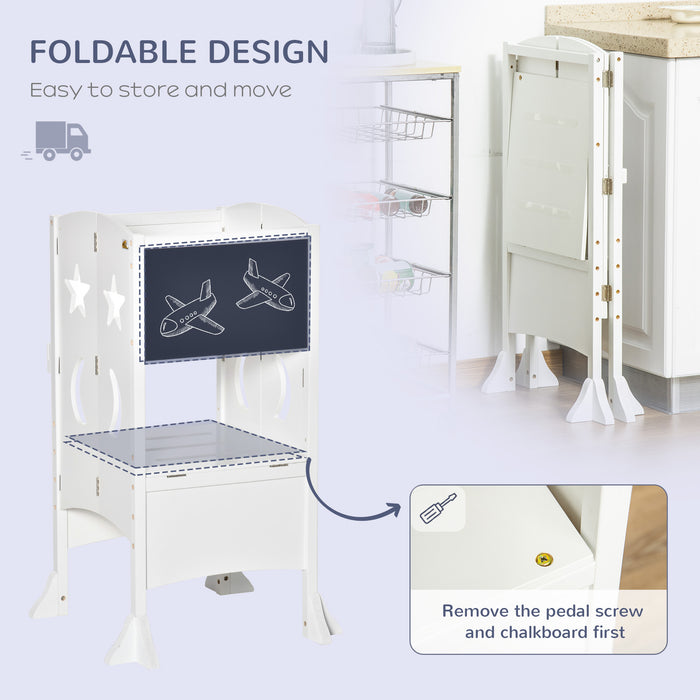 Kids Step Stool with Blackboard and Lockable Handrail for Kitchen Counter White by HOMCOM