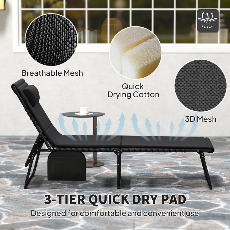 Set of 2 Black Folding Sun Loungers with Reclining Design and Side Pockets by Outsunny