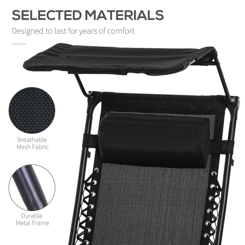 Black Foldable Zero Gravity Reclining Garden Chairs With Canopy and Cup Holder Set of 2