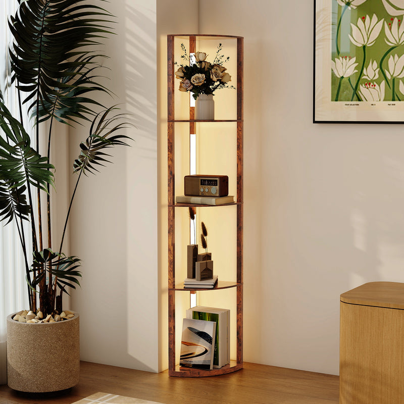 4 Tier Corner Floor Lamp With Shelves For Storage And Display, Rustic Brown