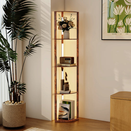 4 Tier Corner Floor Lamp With Shelves For Storage And Display, Rustic Brown
