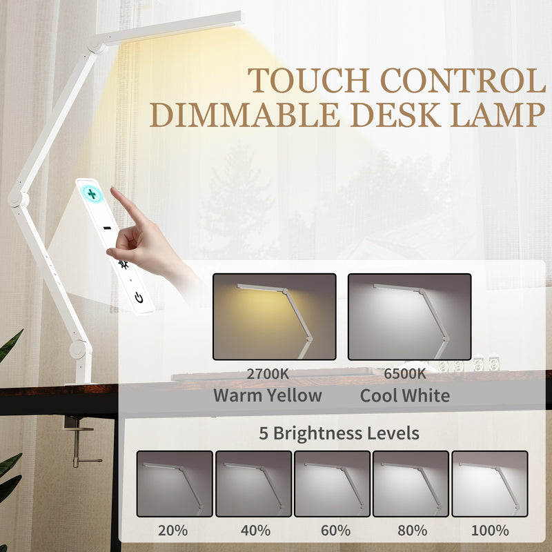 Dimmable LED Desk Lamp with Adjustable Swing Arm and Clamp for Office or Study White