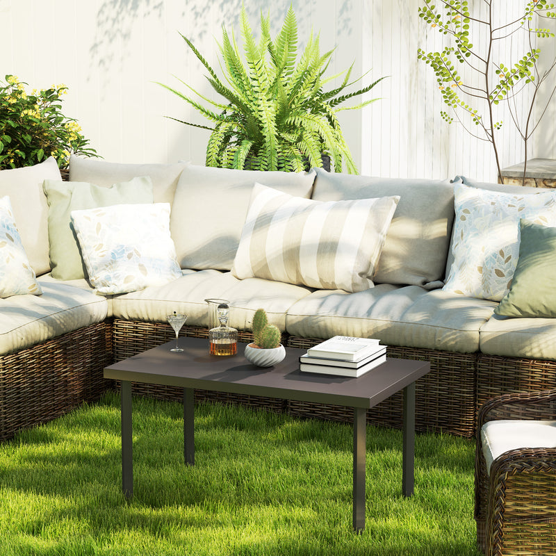 Brown Metal Garden Coffee Table with Woodgrain Top and Foot Pads for Outdoor Use