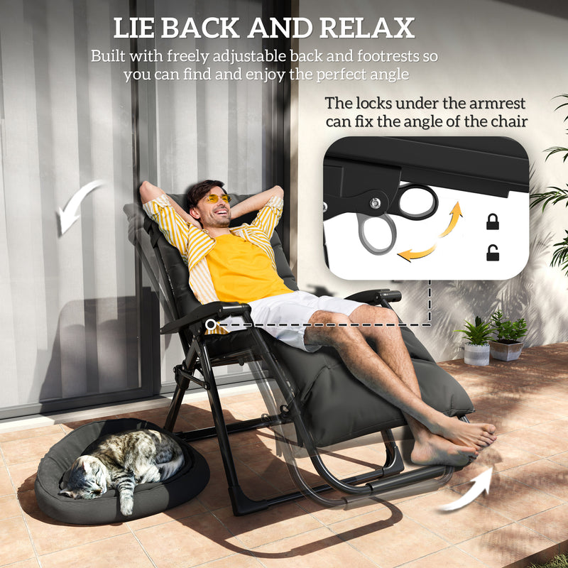 2 Piece Zero Gravity Reclining Sun Loungers With Cushions For Garden Relaxation Black AOSOM