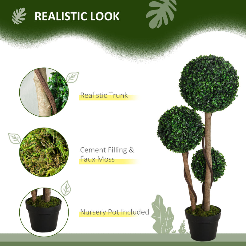 HOMCOM Decorative Artificial Plants Set of 2, Boxwood Ball Topiary Trees in Pot Fake Plants for Home Indoor Outdoor Decor, 90 cm, Dark Green AOSOM