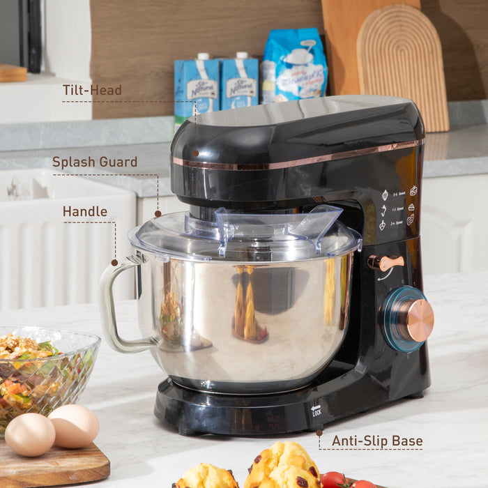 Black 1400W Stand Mixer 5L for Baking with 6 Speeds Pulse Dough Hook and Whisk by HOMCOM