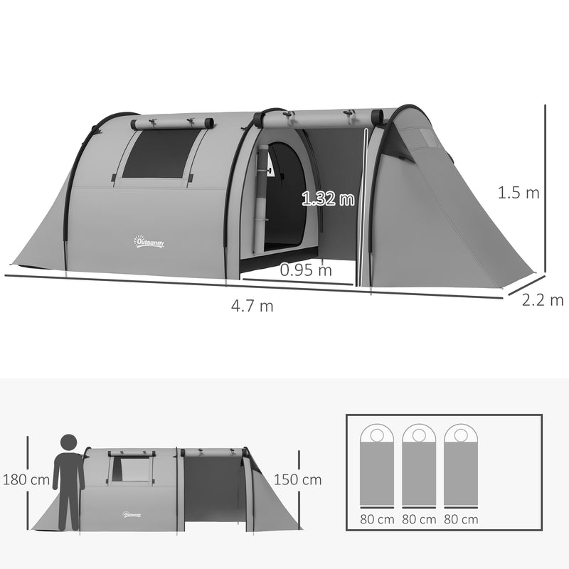 4 Person Tunnel Tent with Separate Bedroom and Living Area for Dry Camping Grey