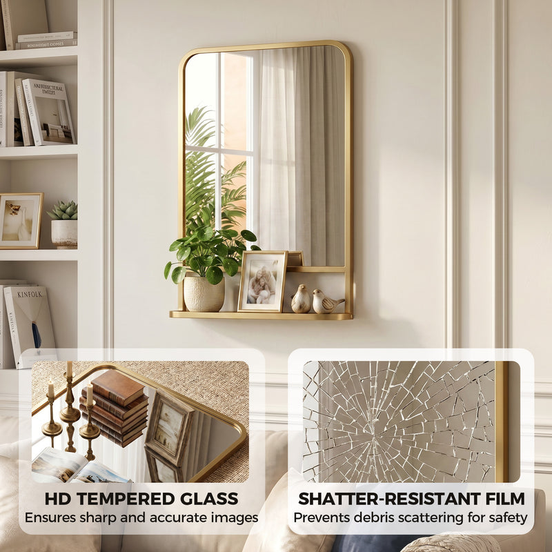 Hallway Wall Mirror with Shelf for Keys and Essentials Medium Size Gold