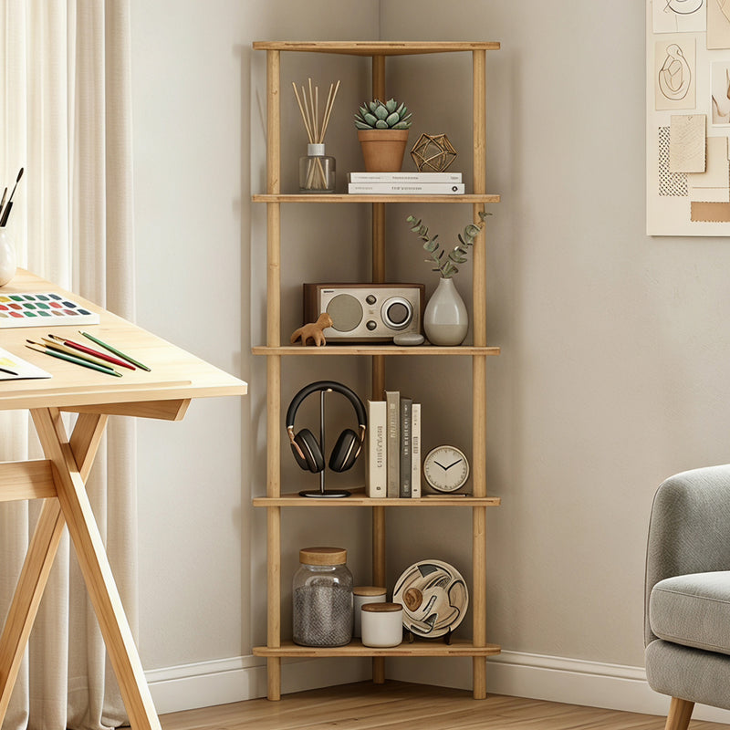 Bathroom Corner Shelf 5 Tier Bamboo Storage for Toiletries and Towels Natural Wood Finish