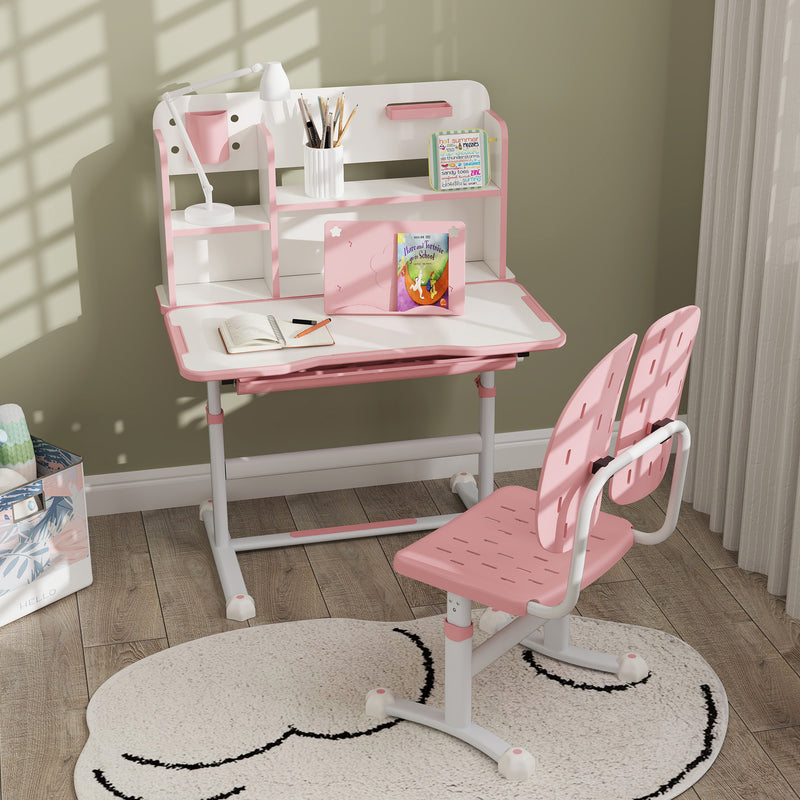Height Adjustable Kids Desk and Chair Set with Tiltable Desktop and Reading Rack Pink by AIYAPLAY