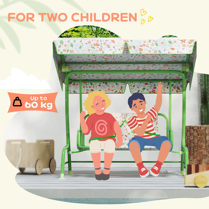 Kids 2 Seater Garden Swing Chair with Adjustable Canopy and Safety Belt in Green by AIYAPLAY