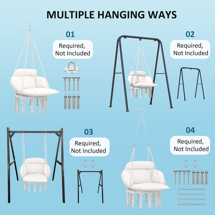 Cream White Hanging Hammock Chair with Cushion Boho Cotton Rope Swing Seat by Outsunny