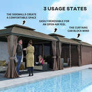 3.65 x 3m Hardtop Steel Gazebo with Aluminium Frame Double Roof Net Sidewalls and Curtains Coffee by Outsunny