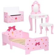 4 Piece Kids Bedroom Furniture Set with Bed Toy Box and Vanity for Ages 3 to 6 Pink AOSOM