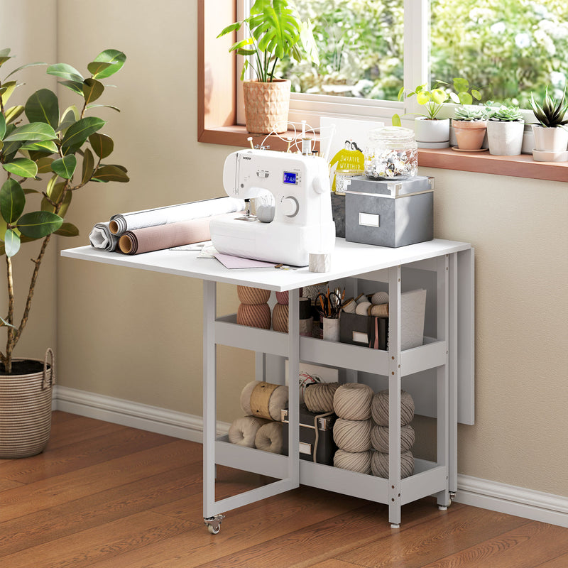White Folding Drop Leaf Dining Table With Storage Shelves For Small Kitchens