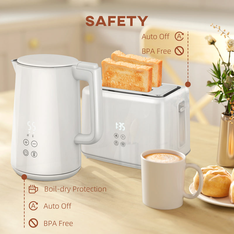 White 1.5L 3000W Rapid Boil Kettle and 2 Slice Toaster Set with 7 Browning Levels by HOMCOM