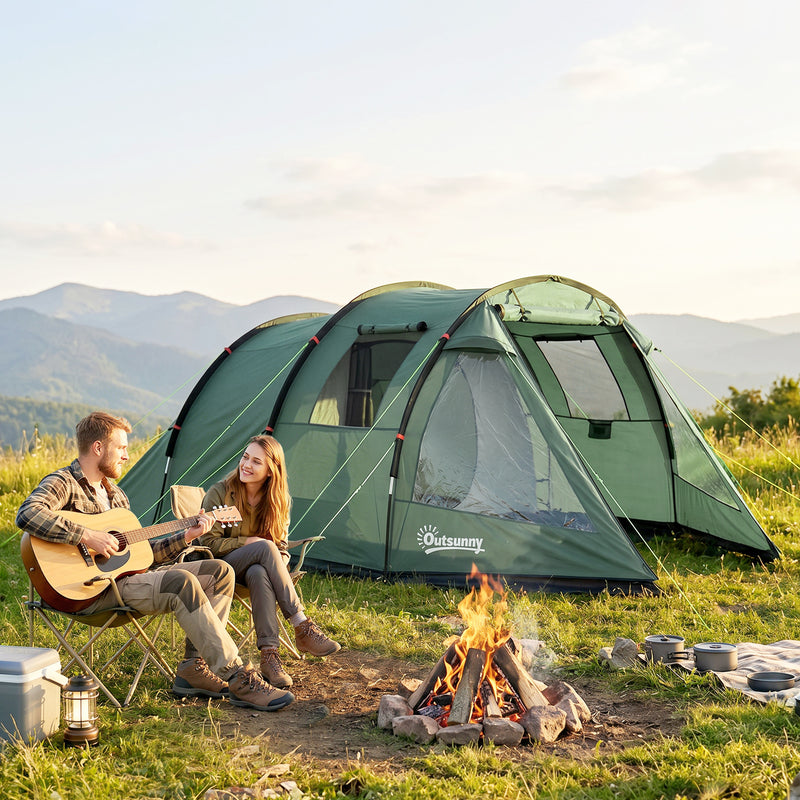 Outsunny Two Room Tunnel Tent Camping Tent for  3-4 Man with Windows, Covers, Carry Bag, for Fishing, Hiking, Sports, Green