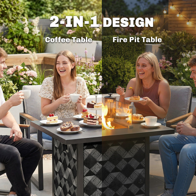 Gas Fire Pit Table with Glass Wind Guard for Warm Garden Gatherings and Coffee Table Use 40,000BTU Black