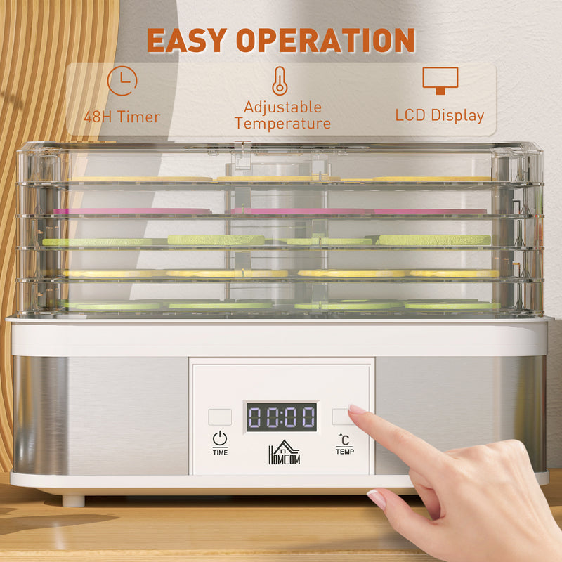 5 Tier Stainless Steel Food Dehydrator with Timer LCD Display for Snacks and Jerky White