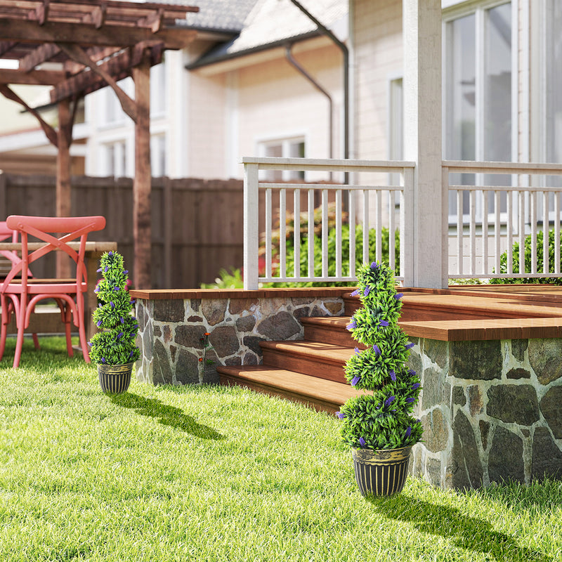 Set of 2 Artificial Boxwood Spiral Topiary Trees with Lavender in Pots 90cm for Indoor Outdoor Decor