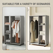 Grey Open Wardrobe on Wheels with Clothes Rail and Shelves for Bedroom Storage by HOMCOM