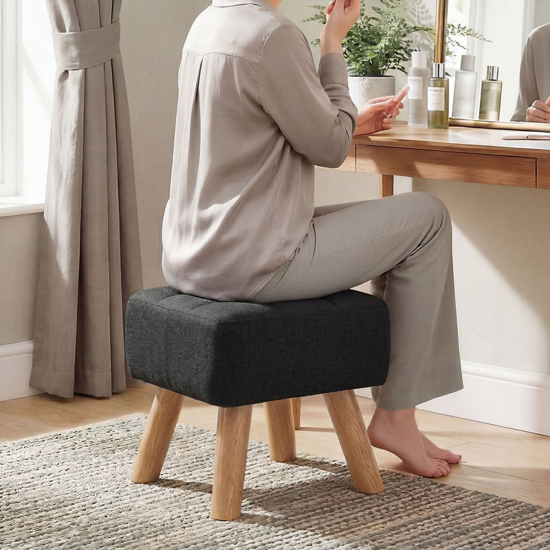 HOMCOM Linen-Look Square Padded Footstool - Black AOSOM