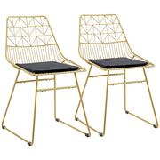 Set of 2 Metal Dining Chairs with Velvet Cushions and Cut Out Back for Kitchen Gold