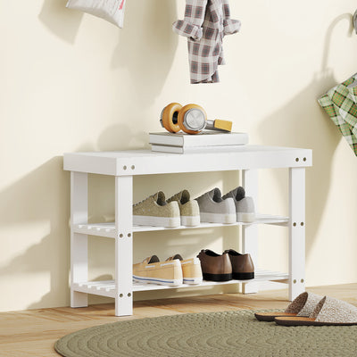 Two Shelf Bamboo Shoe Storage Bench With Seat Ideal For Hallway Or Entryway White AOSOM