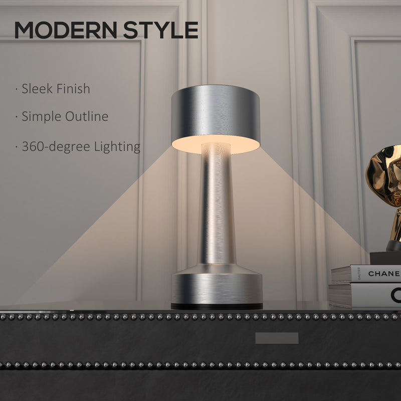 Cordless LED Touch Table Lamp with Rechargeable Battery for Bedroom or Office Use, Silver