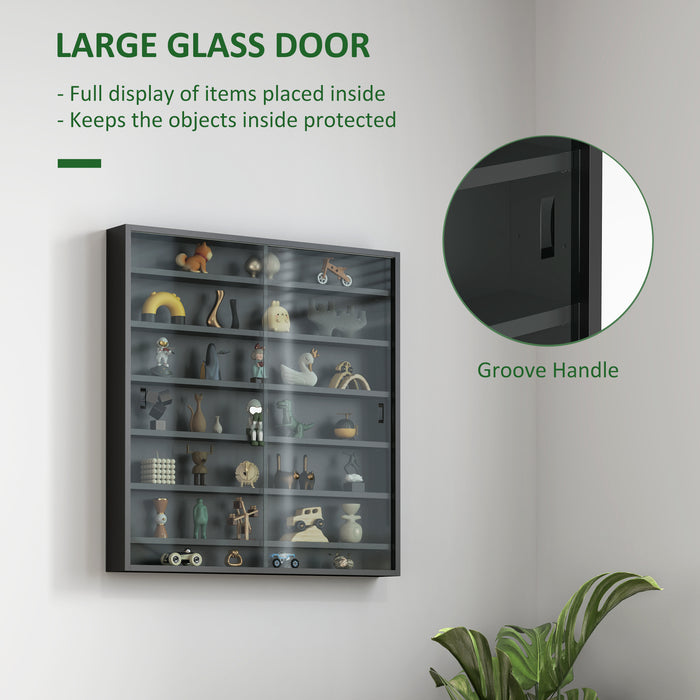 Black 7 Tier Wall Display Cabinet with Glass Doors and Adjustable Shelves by HOMCOM