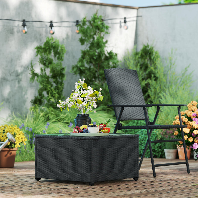 Black Rattan Side Table with Glass Top 62 x 62cm for Garden and Patio by Outsunny