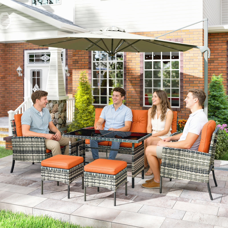 6 Seater Rattan Garden Furniture Set With Cushions And Dining Table For Patio Orange