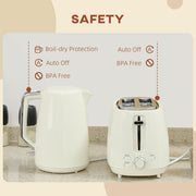 Cream White Cordless Kettle and Toaster Set 1.7L 3000W Fast Boil with 7 Browning Levels by HOMCOM