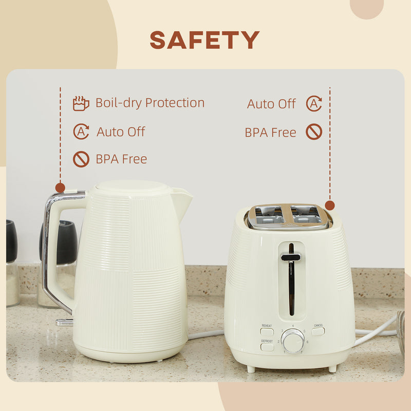 Cream White Cordless Kettle and Toaster Set 1.7L 3000W Fast Boil with 7 Browning Levels by HOMCOM