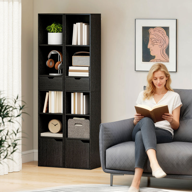 Tall Narrow 6 Tier Bookcase with Drawer and Cupboard for Home Storage Black AOSOM