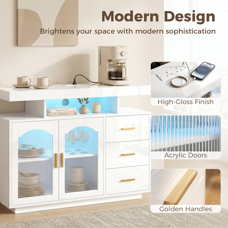 Sideboard with Flexible Storage and Built In Power Hub for Living or Dining Room White