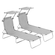 Light Grey Folding Sun Lounger Set with Adjustable Backrest and Sunshade for Garden Patio