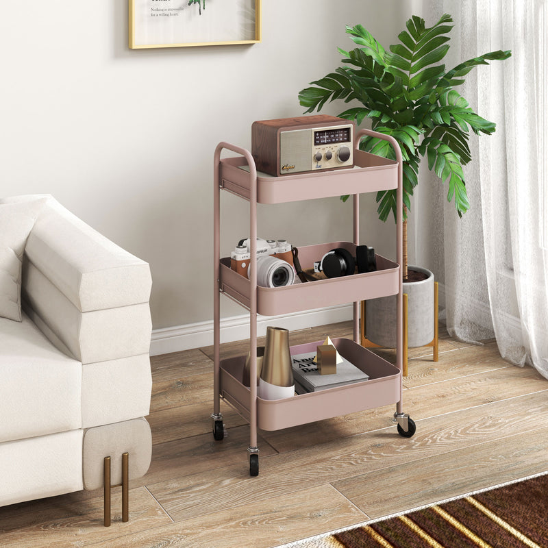 Pink Three Tier Steel Storage Trolley with Wheels for Home Office or Salon by HOMCOM