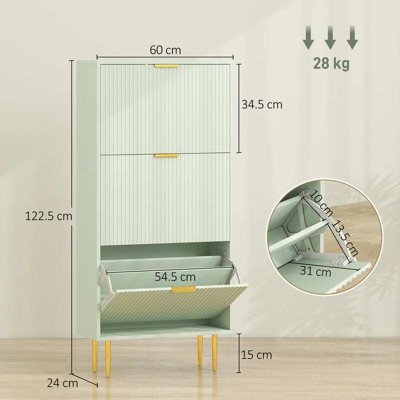 Slim Shoe Cabinet for Hallway Organisation with Flip Drawers and Adjustable Shelves Light Green