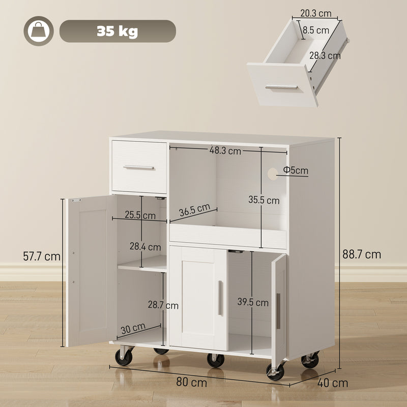 Kitchen Storage Trolley with Sliding Microwave Shelf and Lockable Wheels White Homcom