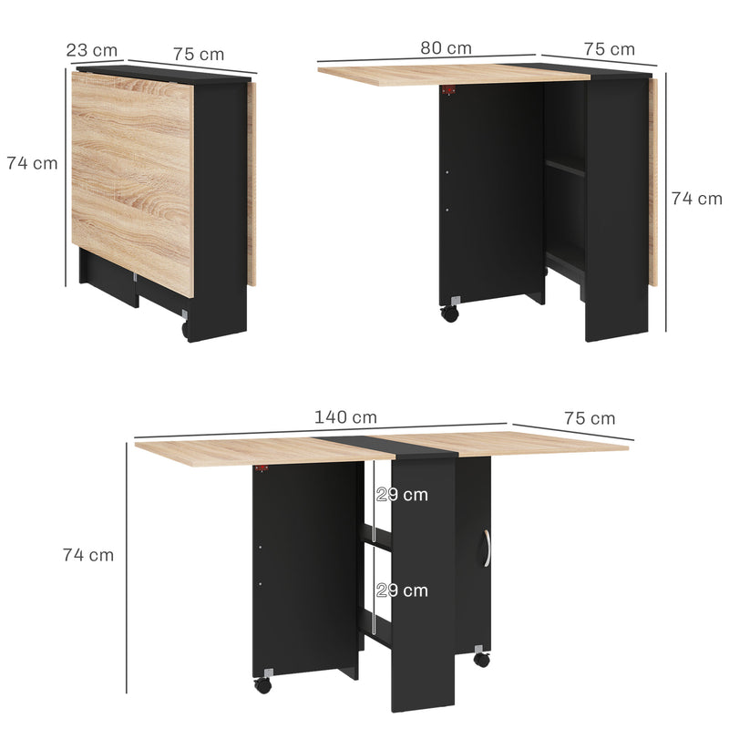Folding Drop Leaf Dining Table with Storage Shelves and Wheels for Small Spaces Oak Black