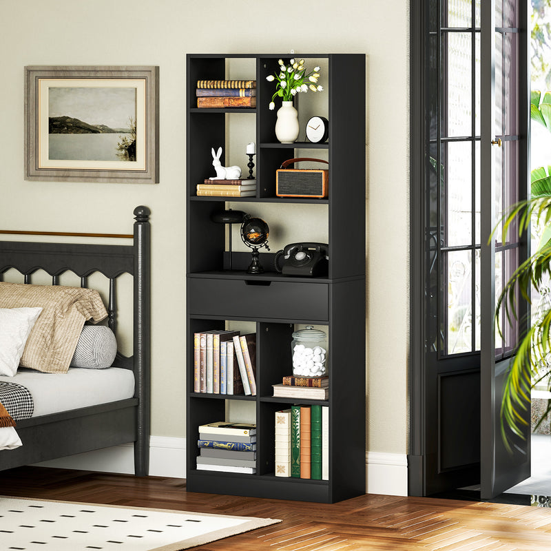Tall Freestanding Bookshelf with Drawer for Home Office or Bedroom Storage Black