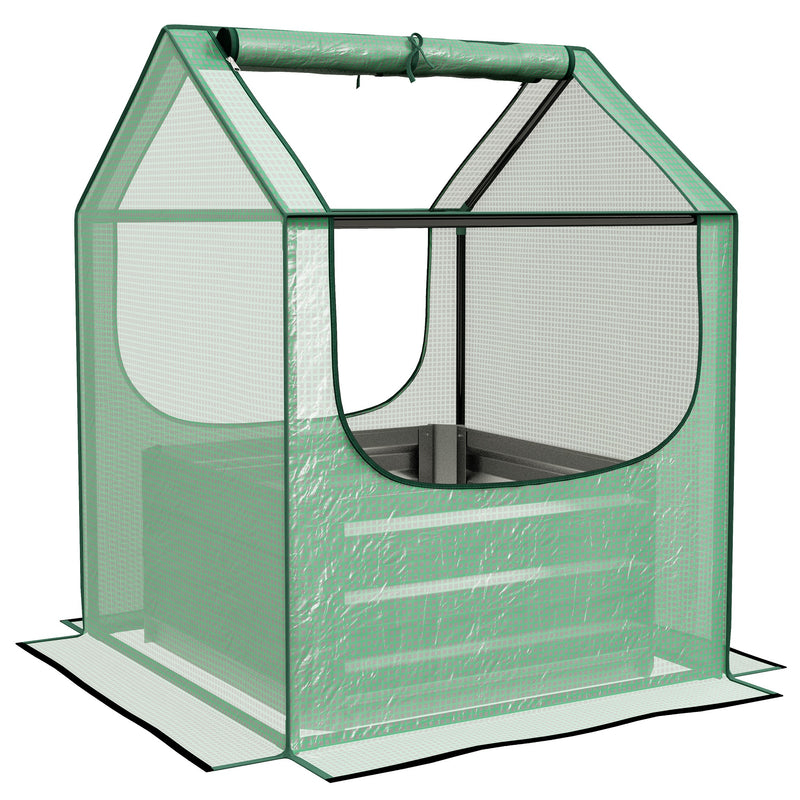 Raised Garden Planter Bed with Mini Greenhouse for Vegetables and Herbs Green and Silver AOSOM