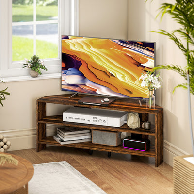 Rustic Brown Corner TV Stand for 47 Inch TV with Open Shelves for Storage and Display